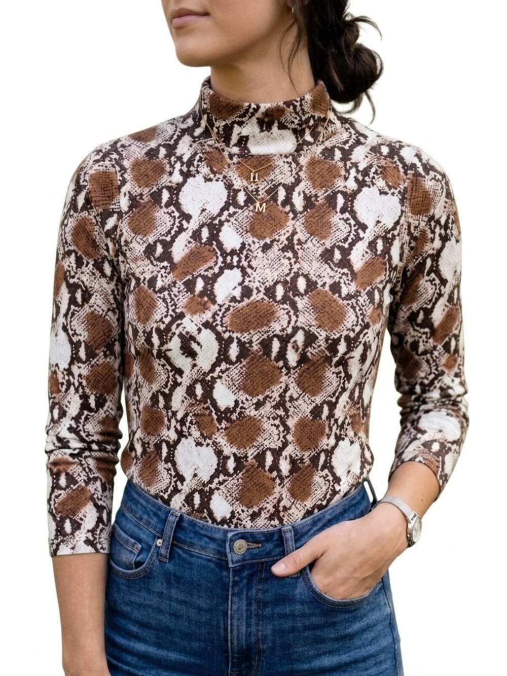 Buffalo David Bitton Snake Print Mock Neck Top Brown White Size S
